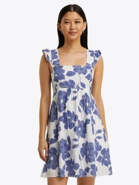 Draper James 100% Cotton Square Neck Babydoll Floral Mini Dress XXL 2X Blue